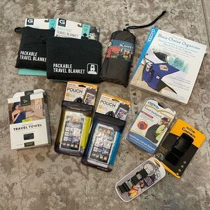 Travel ESSENTIALS: towel, blankets, organizer, phone pouch, backpack & clips